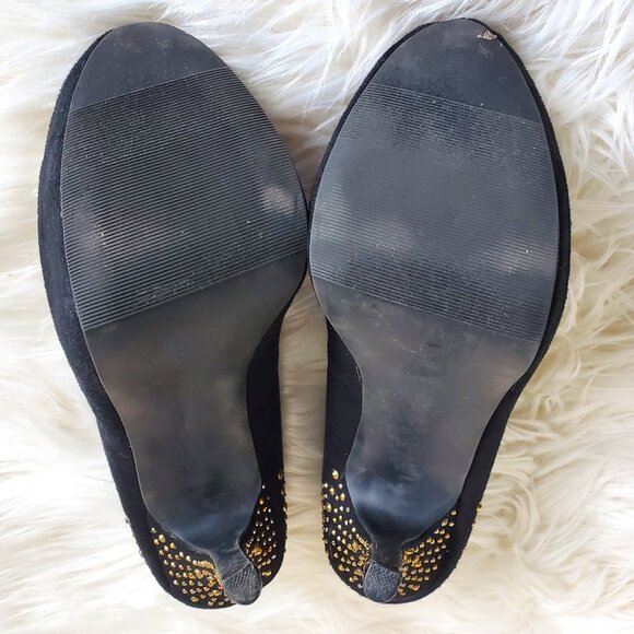 Material Girl Black Suede Gold Rhinestone Platform Heels SZ 10 - Picture 7 of 11